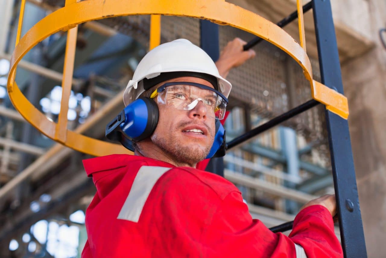 Man wearing hearing protection on the job.